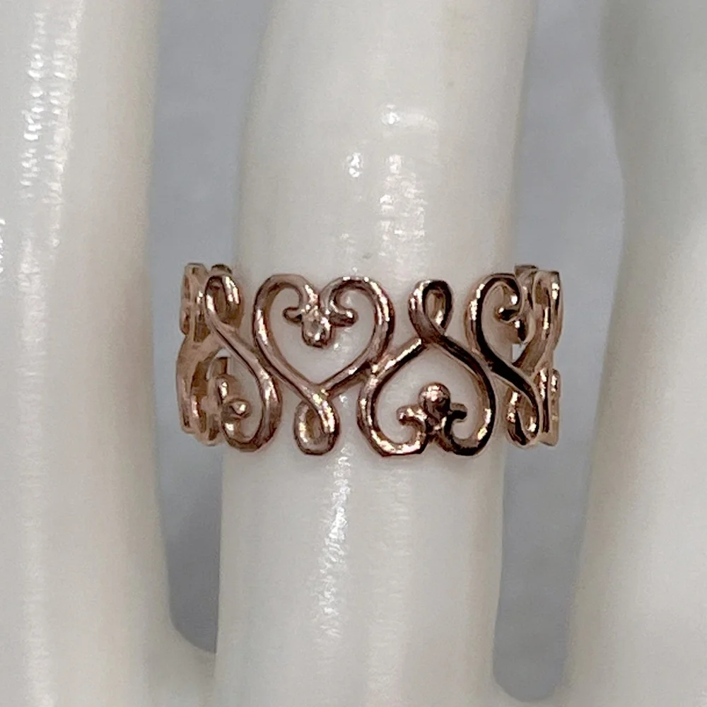 14K RG Sterling Silver Scrolled Heart Filigree Band Ring Sz 8